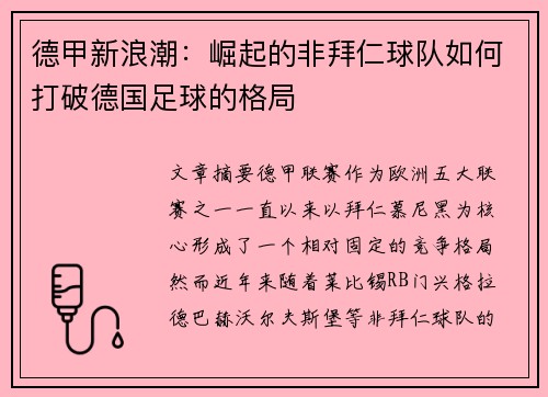 德甲新浪潮:崛起的非拜仁球队如何打破德国足球的格局 德甲新浪潮:崛起的非拜仁球队如何打破德国足球的格局