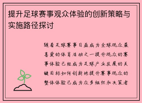 提升足球赛事观众体验的创新策略与实施路径探讨
