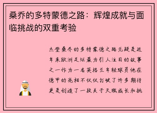 桑乔的多特蒙德之路：辉煌成就与面临挑战的双重考验