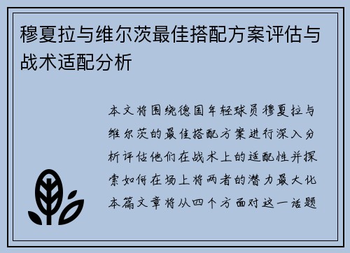 穆夏拉与维尔茨最佳搭配方案评估与战术适配分析 穆夏拉与维尔茨最佳搭配方案评估与战术适配分析