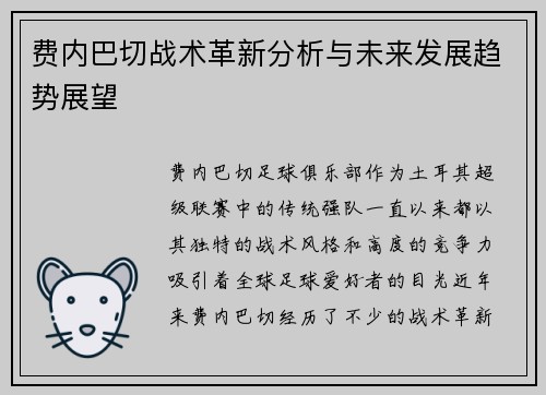 费内巴切战术革新分析与未来发展趋势展望 费内巴切战术革新分析与未来发展趋势展望